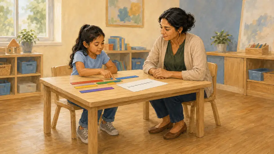Teacher candidate and elementary student examining fraction representations
