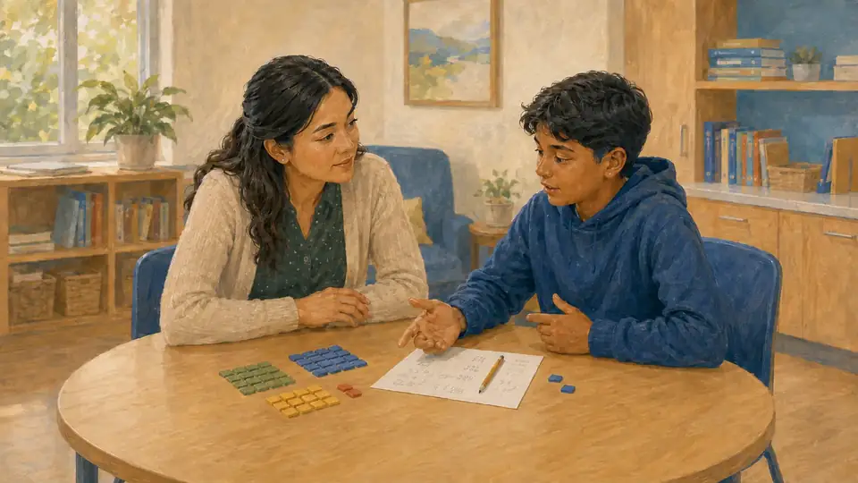 Middle school student explaining mathematical work to a teacher candidate