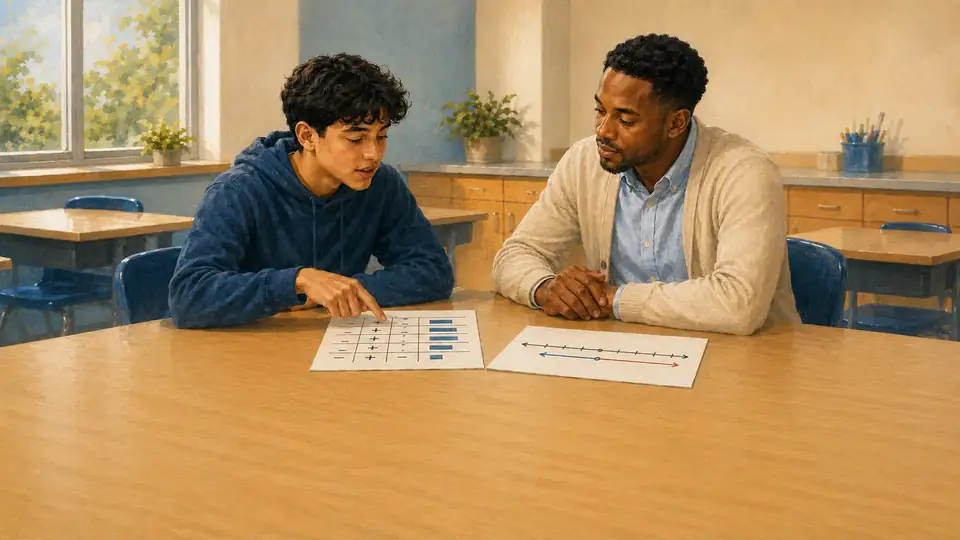High school student discussing signed quantities with a teacher candidate