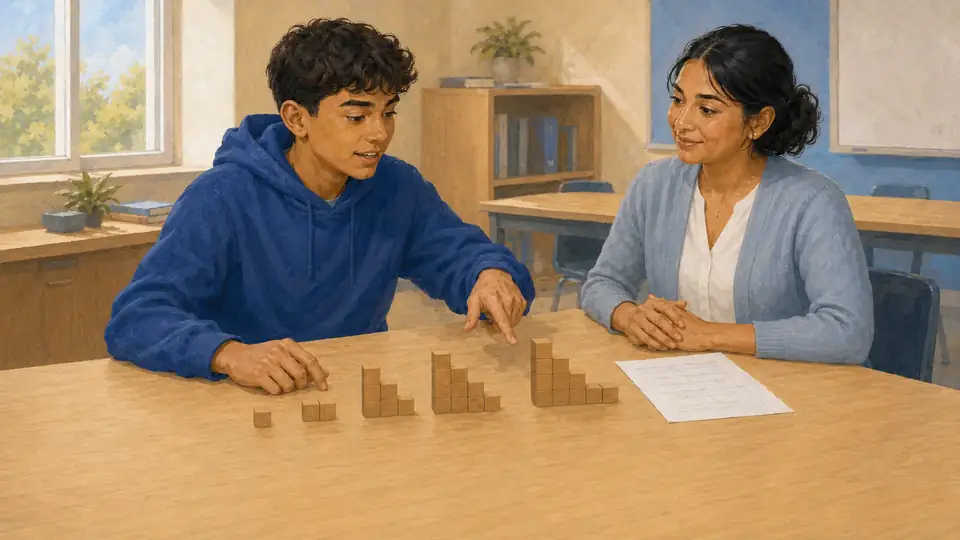 Student explaining a mathematical pattern in a collaborative learning space