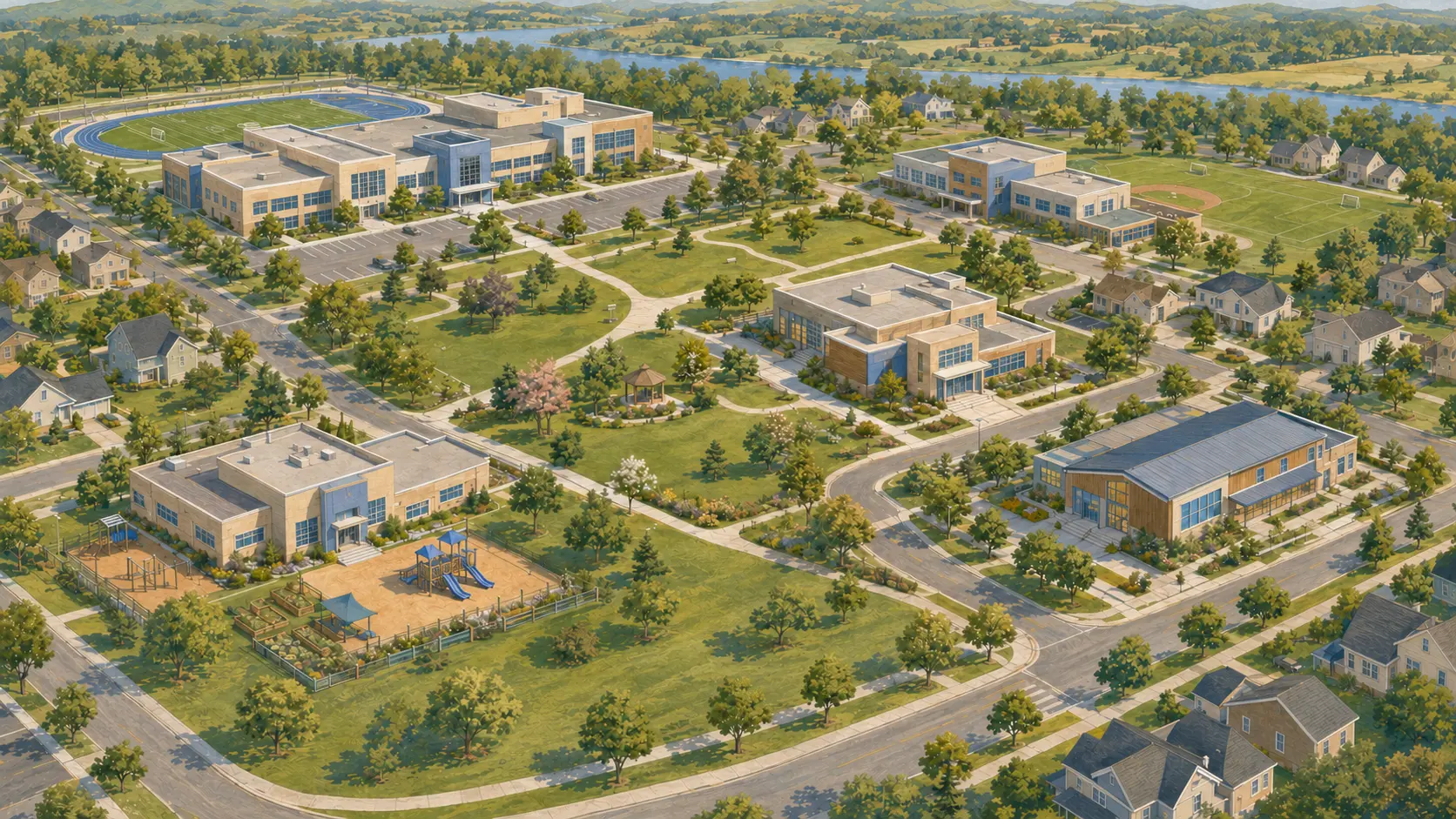 Illustrated aerial view of Pinehaven with three school campuses connected by neighborhood roads