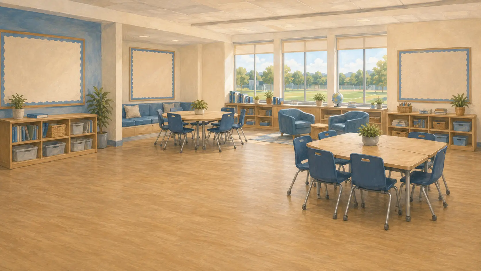 Brookside Middle School commons with student tables and warm orange accents.