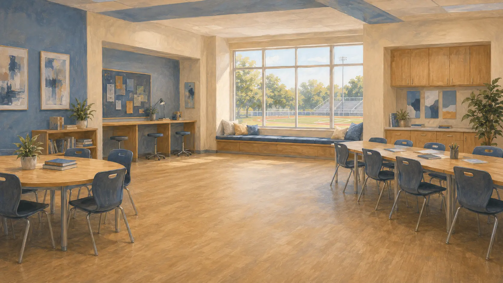 Northview High School commons with study tables and burgundy accents.