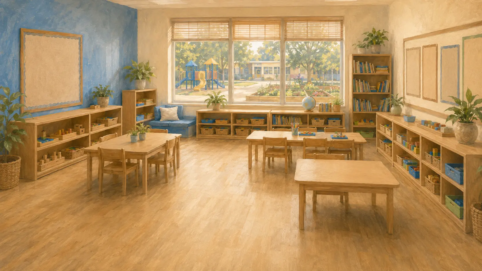 Bright Pinehaven Elementary classroom with light wood tables and blue accents.
